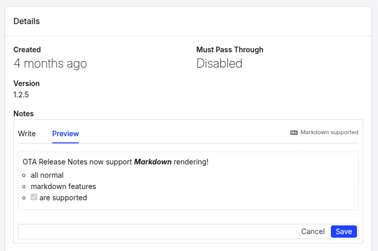 Release notes editor showing markdown being authored