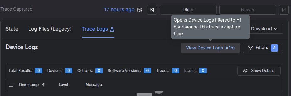 View Device Logs button on a trace