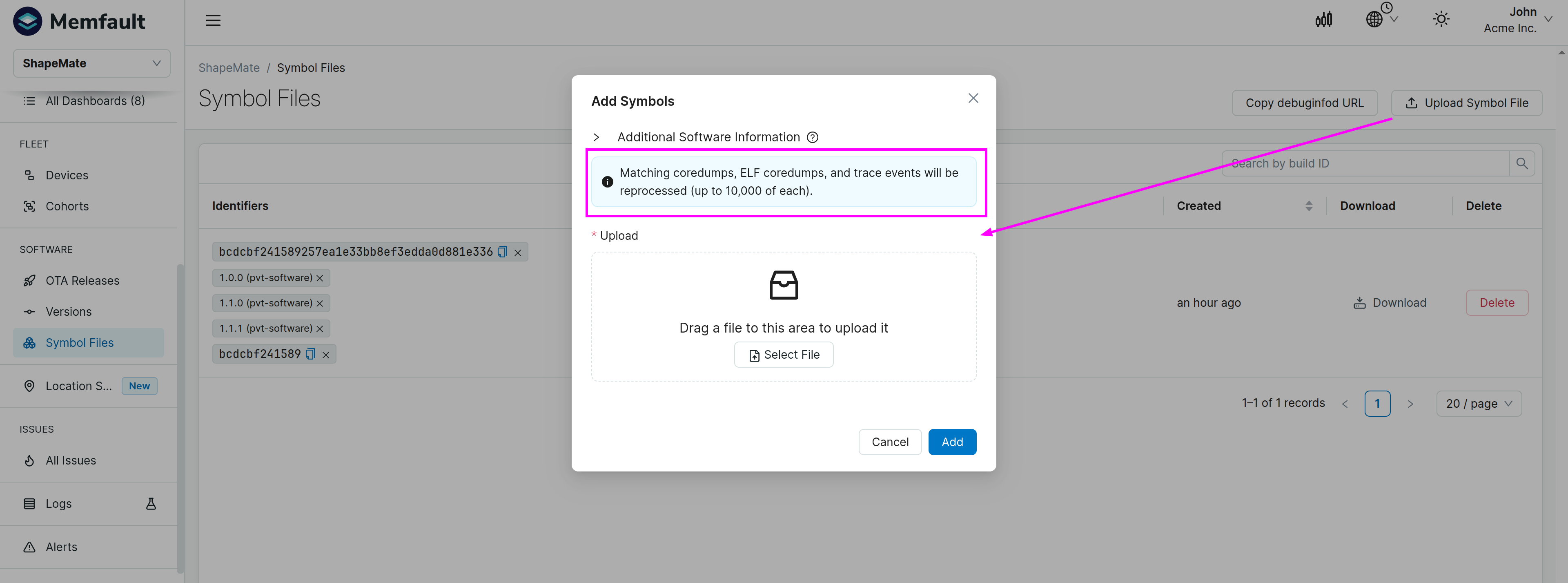 Symbol file upload modal showing the 10,000-item reprocessing cap