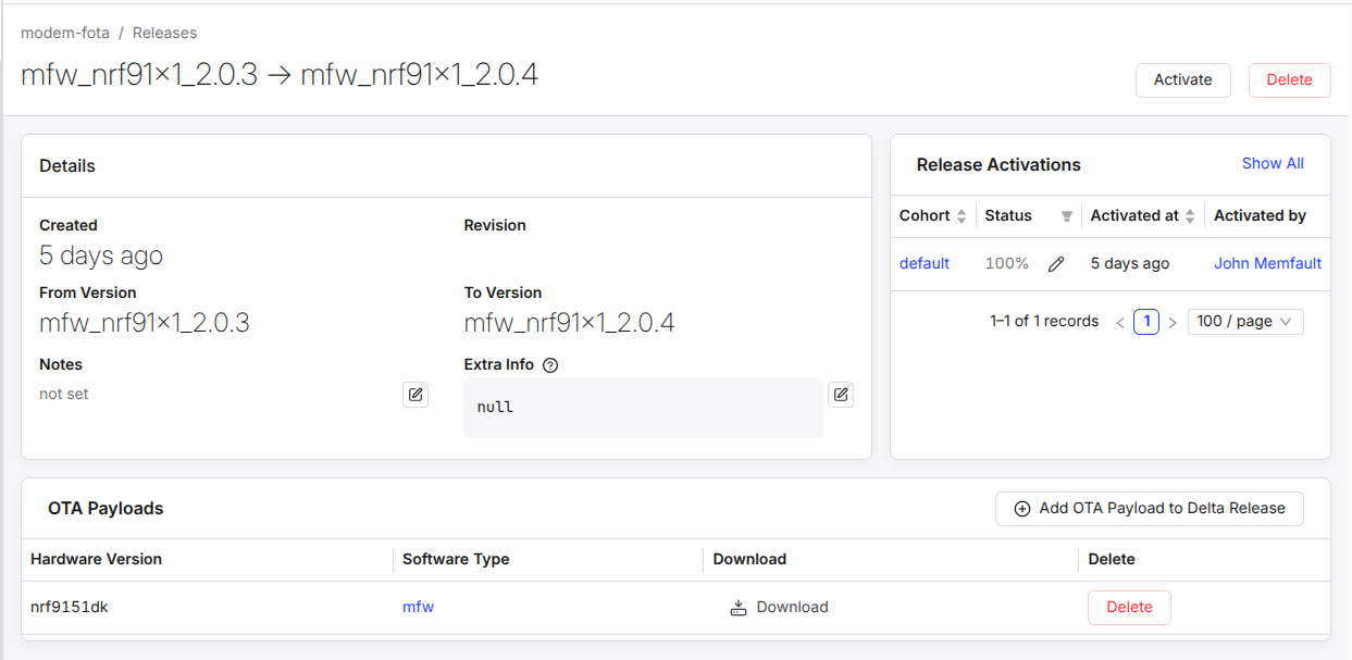 Delta release showing From Version mfw_nrf91x1_2.0.3 to mfw_nrf91x1_2.0.4