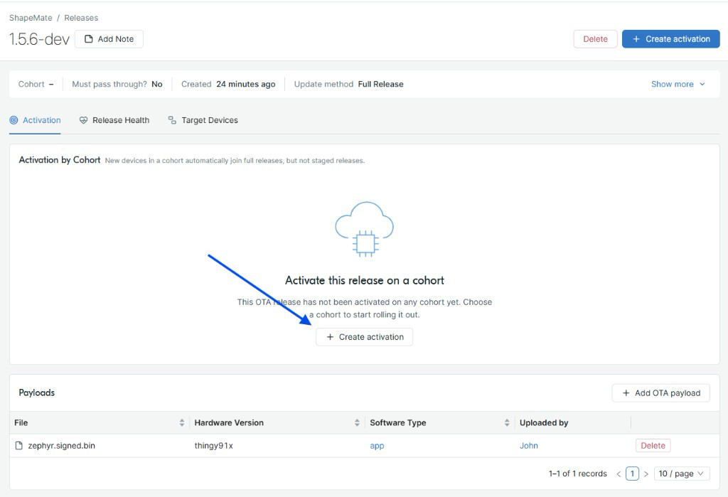 Release detail page with the Create activation button highlighted