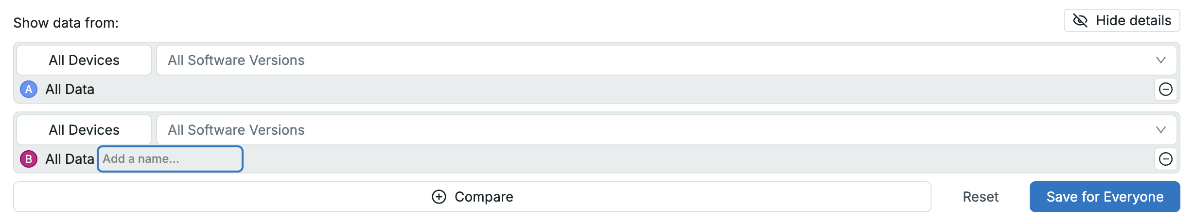 Dashboard filter rows with 'Add a name...' input active