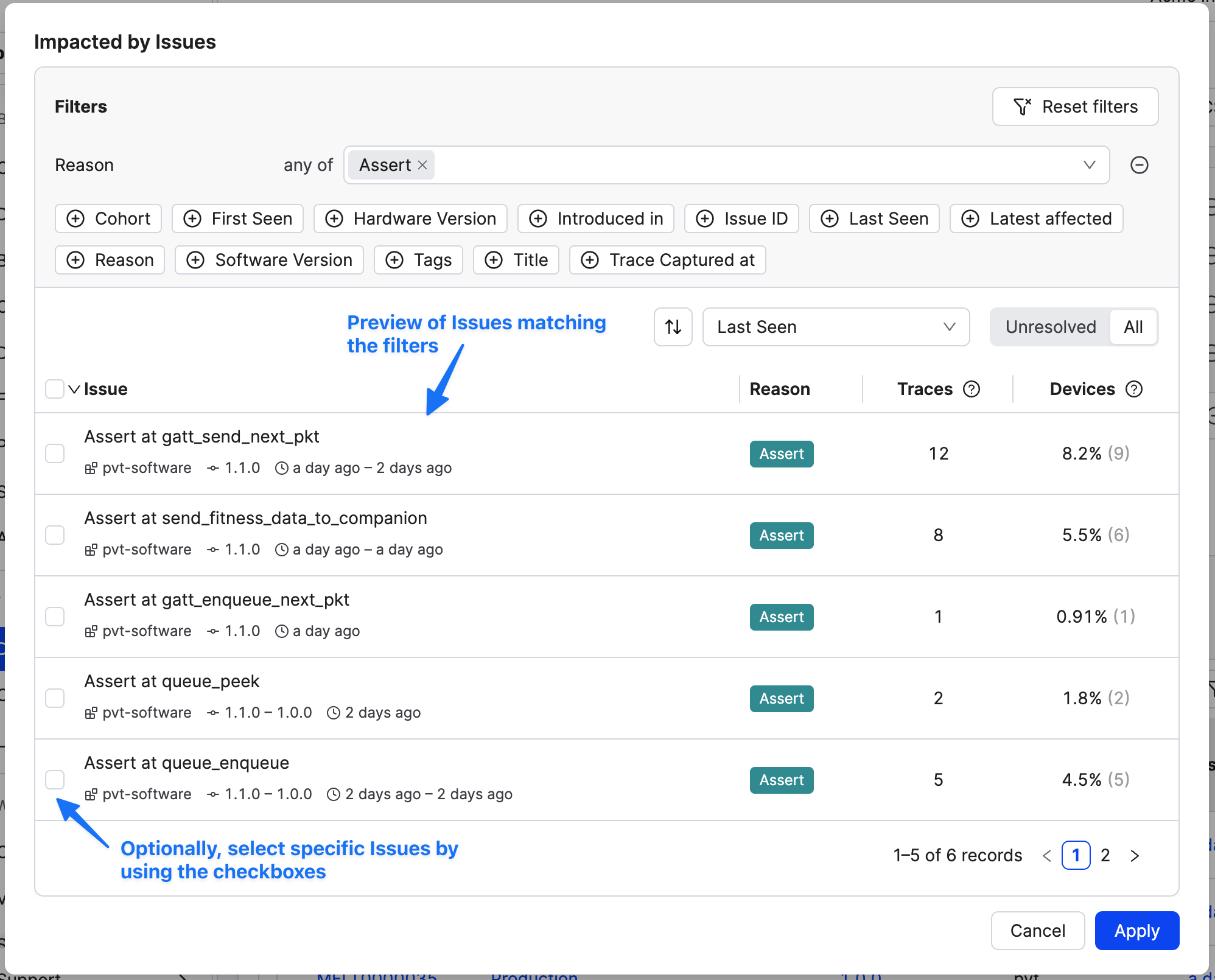 Device search by Impacted Issues filters Device search by Impacted Issues filters