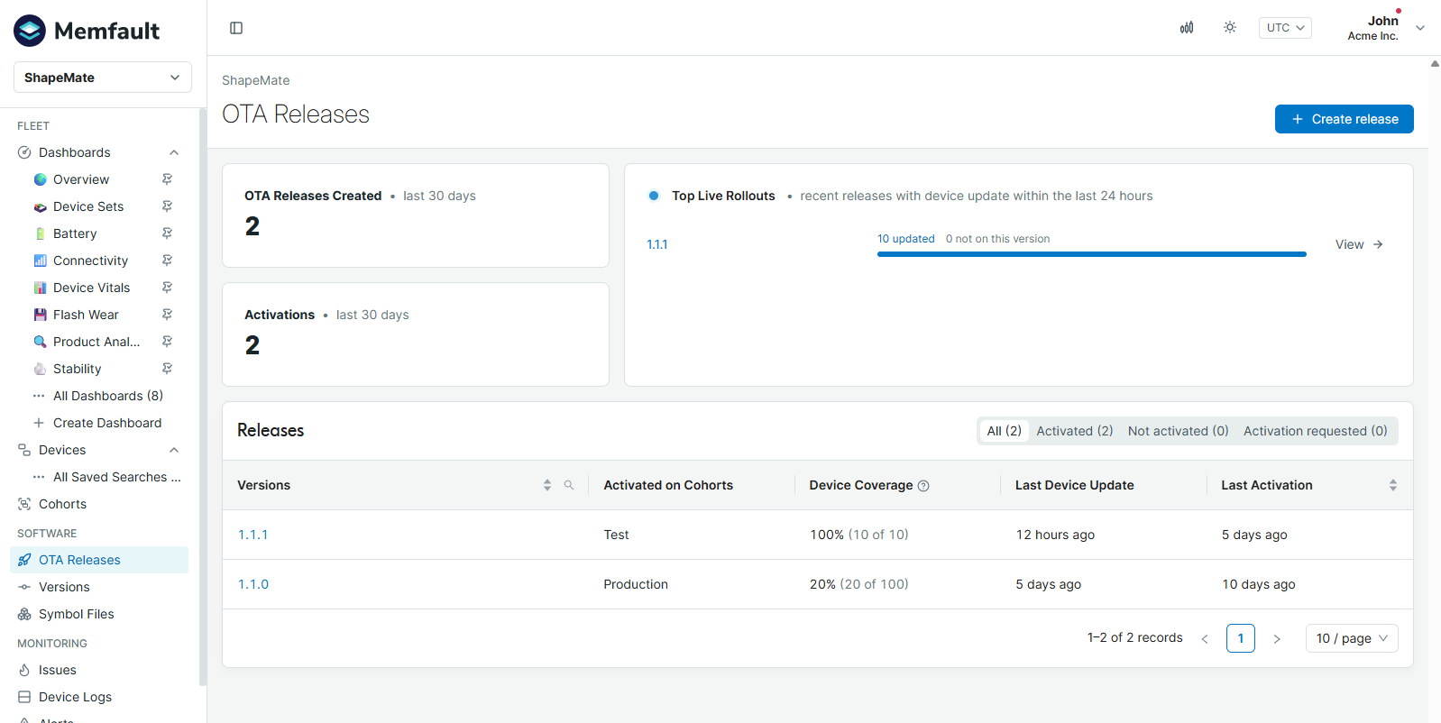 OTA Releases dashboard with summary cards, live rollouts, and the releases table